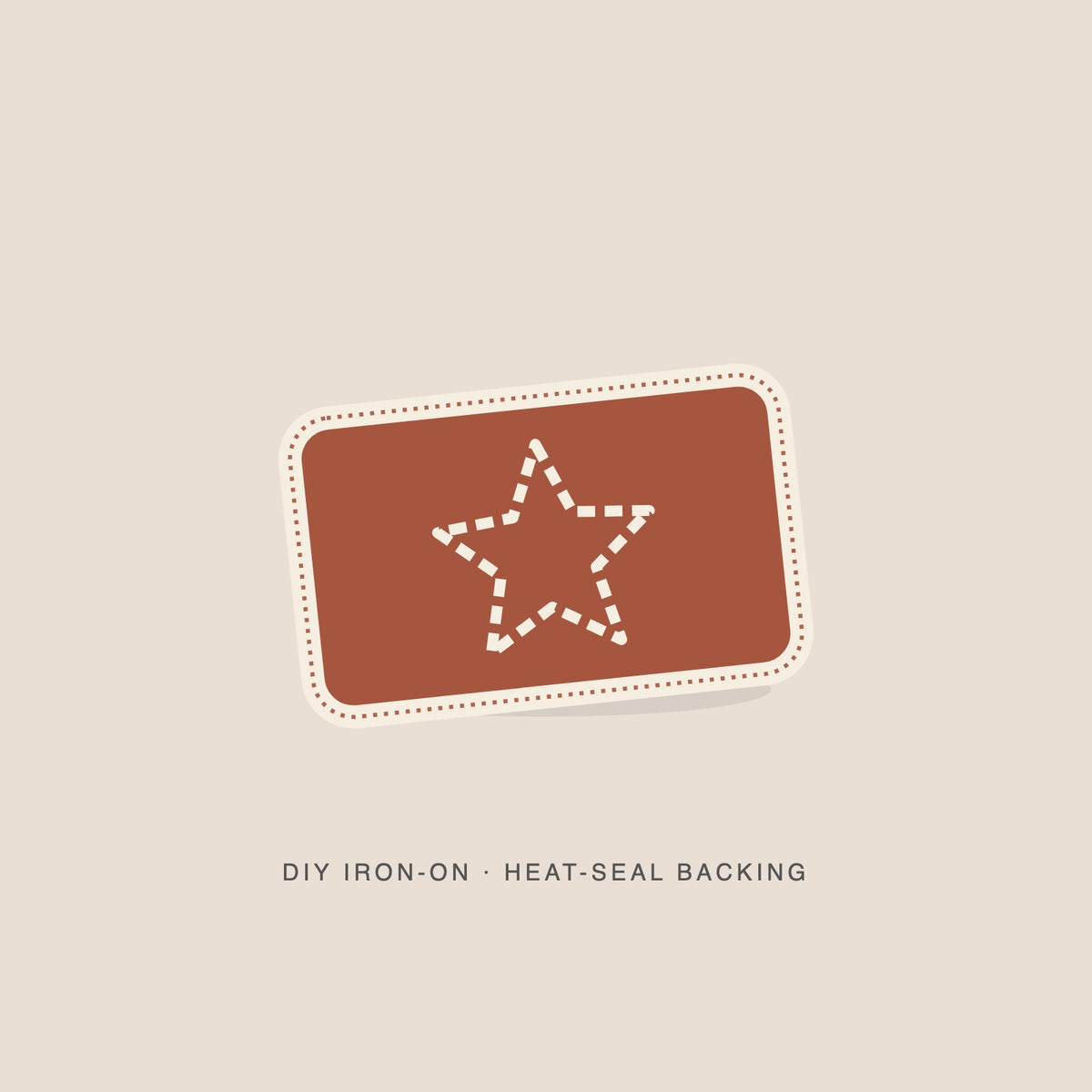 Illustration: Sunset star as a brick iron-on with a cream merrowed edge. Not a photograph.