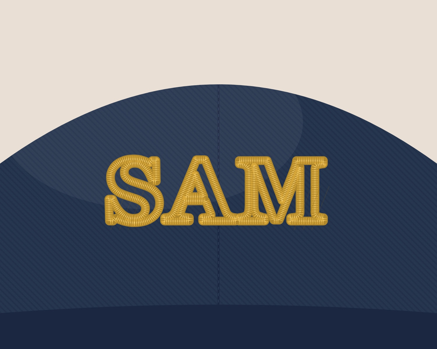 Illustration: the name SAM stitched in gold thread on a navy cap front. Drawn, not photographed.