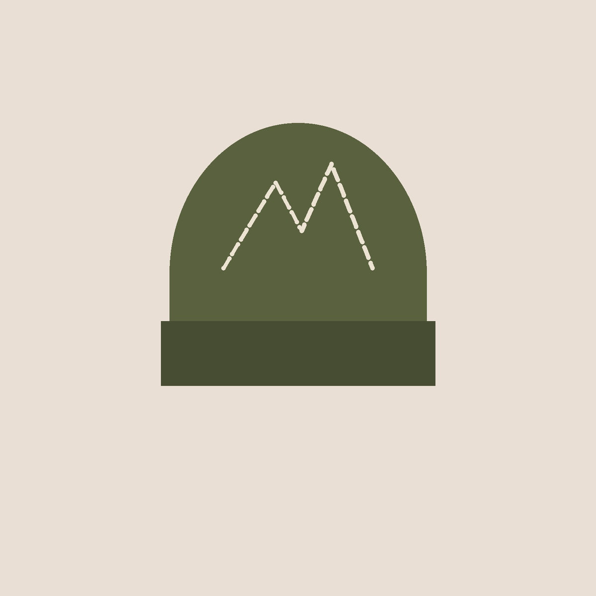 Summit Beanie in olive, mountain stitched in three thread colours