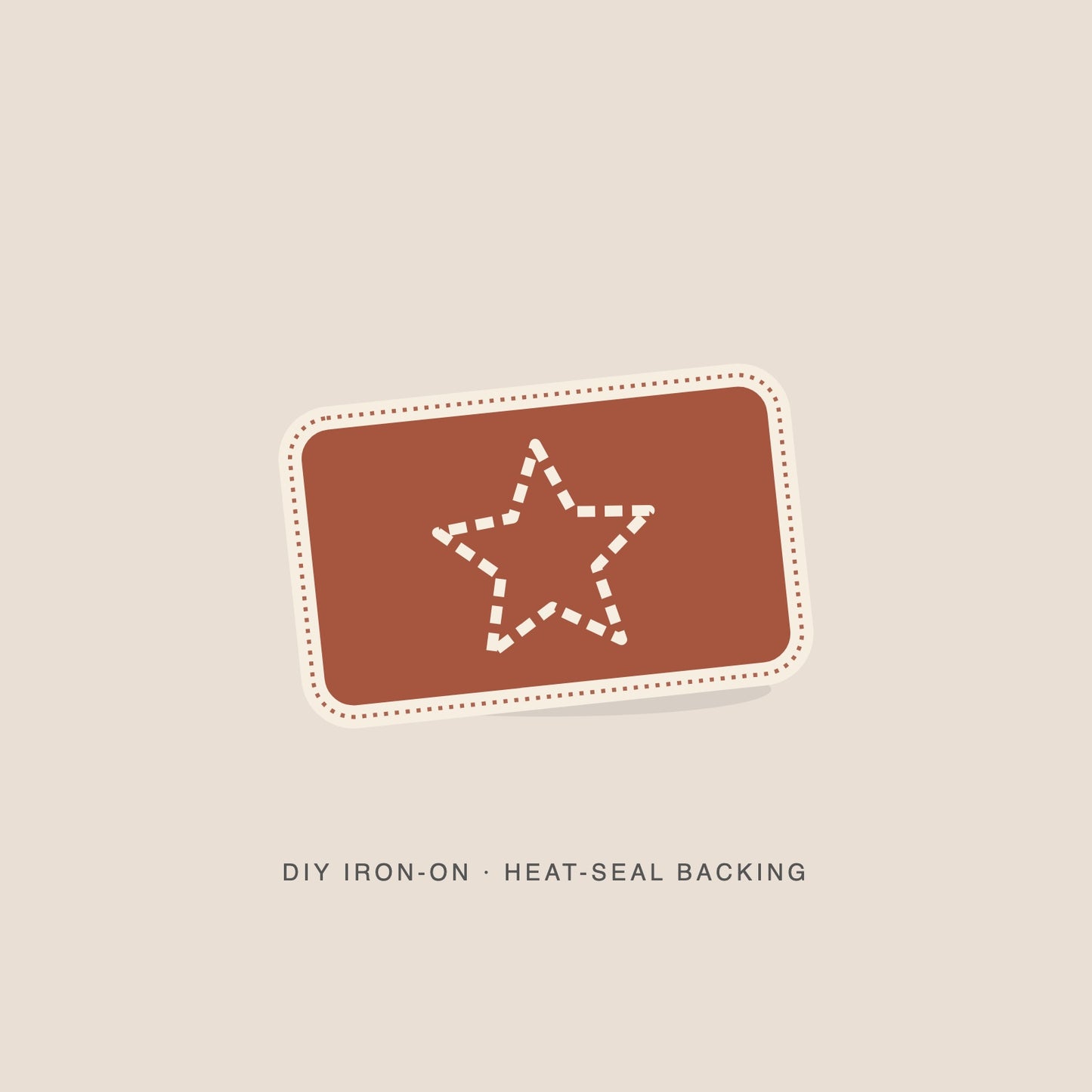 Illustration: Sunset star as a brick iron-on with a cream merrowed edge. Not a photograph.